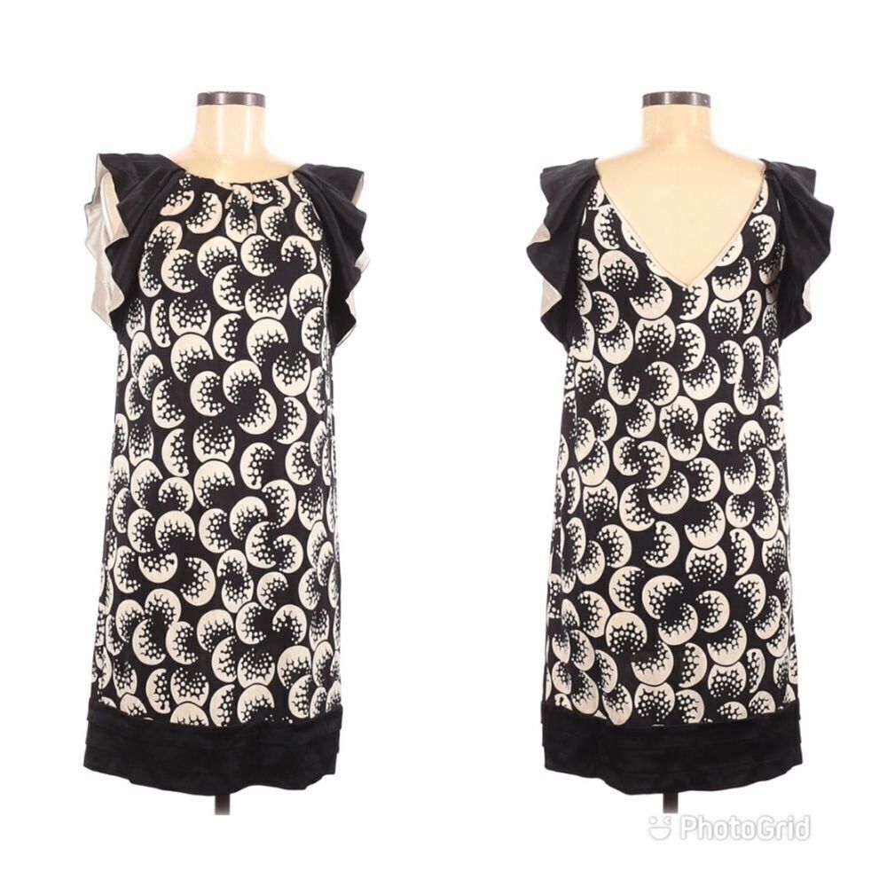 DVF‎ Silk Print Jersey Dress Flutter Sleeve Shift Sheath Black Ivory Size 6 New